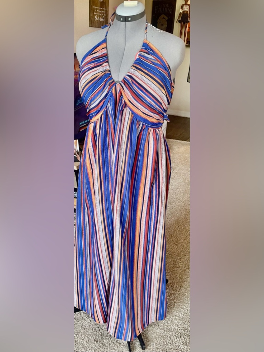 Halter Striped Summer Dress - Size L
